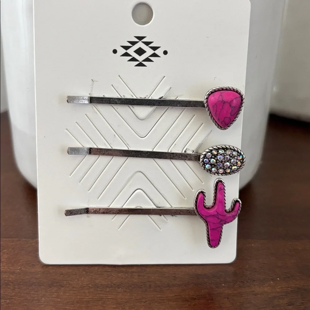 Silvertone Hair Bobby Pins,pink cactus,teardrop,rhinestone oval stones,Western